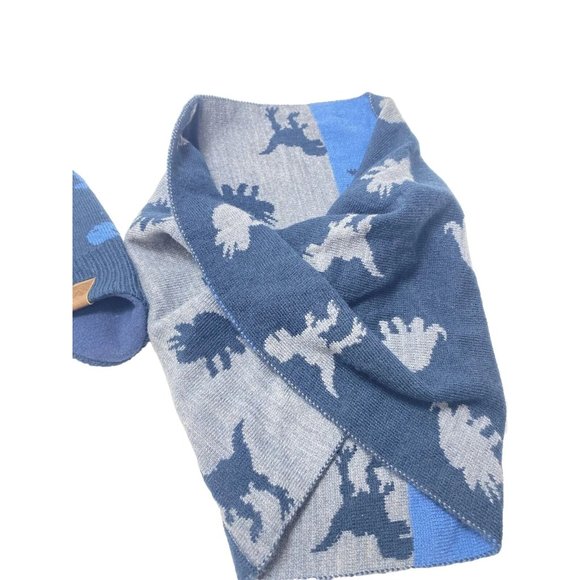 Blue Boys Dinosaur Winter Hat & Scarf Matching Set - One Size Brand New - Picture 3 of 8